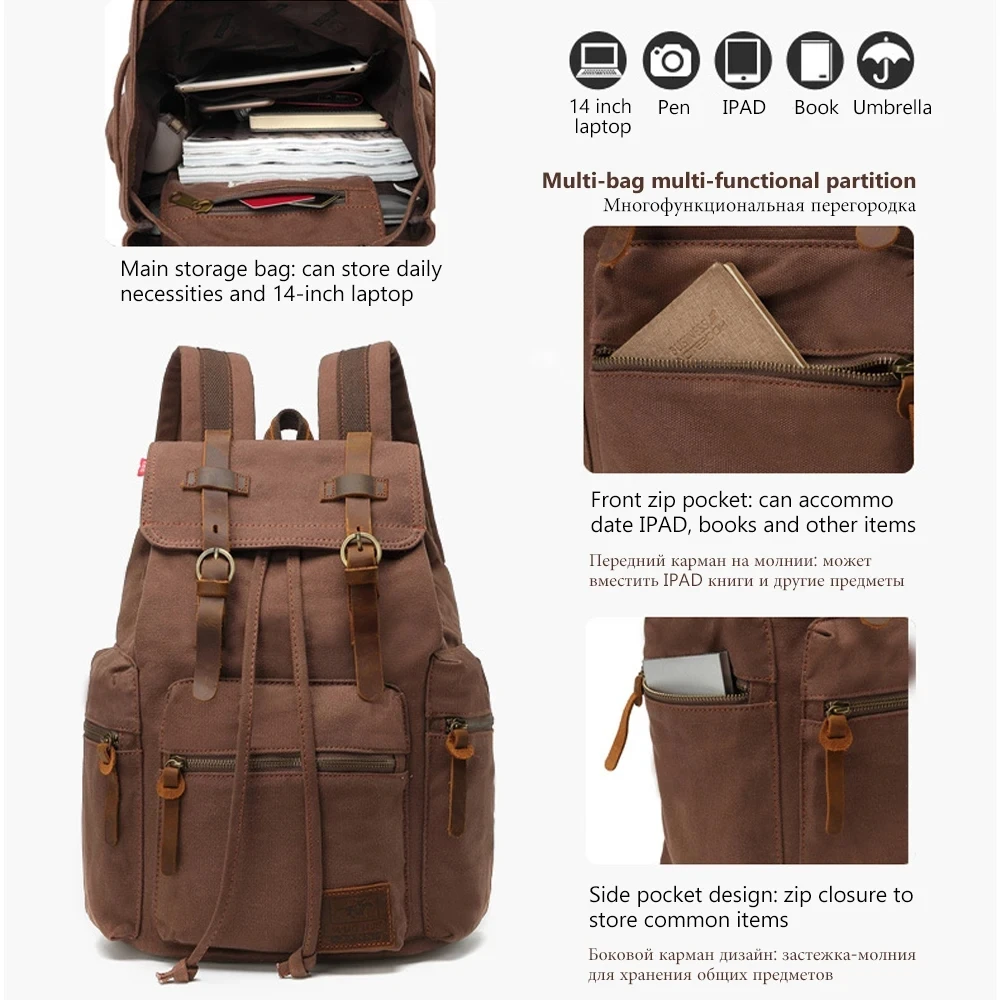 Canvas Retro Men\'s Bag Backpack Suitable 14 Inch Laptop Backpack Vintage 36-55L Wear-resistant Backpack Coffee Dripshipping