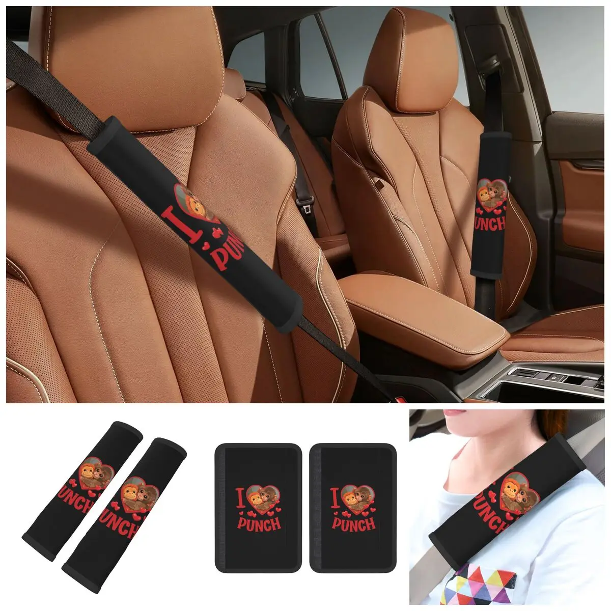 Car I Love Punch Cute Baby Monkey Heart Seat Belt Cover Soft Seat Belt Pads Cover for Cars Trucks