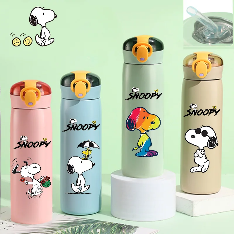 460ml Thermal Cup Snoopy Childrens Bouncing Straw Cup Water Cup Drinking Stainless Steel Bottle Portable Outdoor Sports Gifts