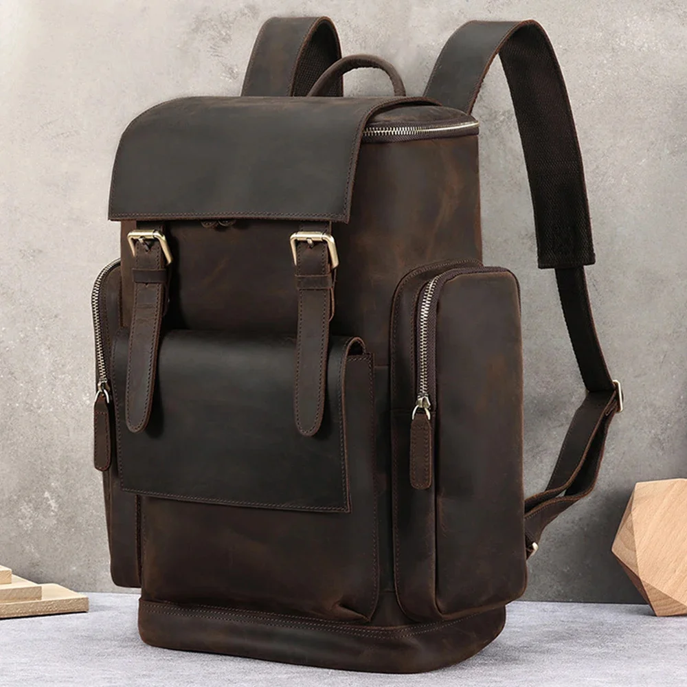 

Vintage Crazy Horse Genuine Leather Backpack Men Bagpack Climbing Rucksack male Large Hiking M814