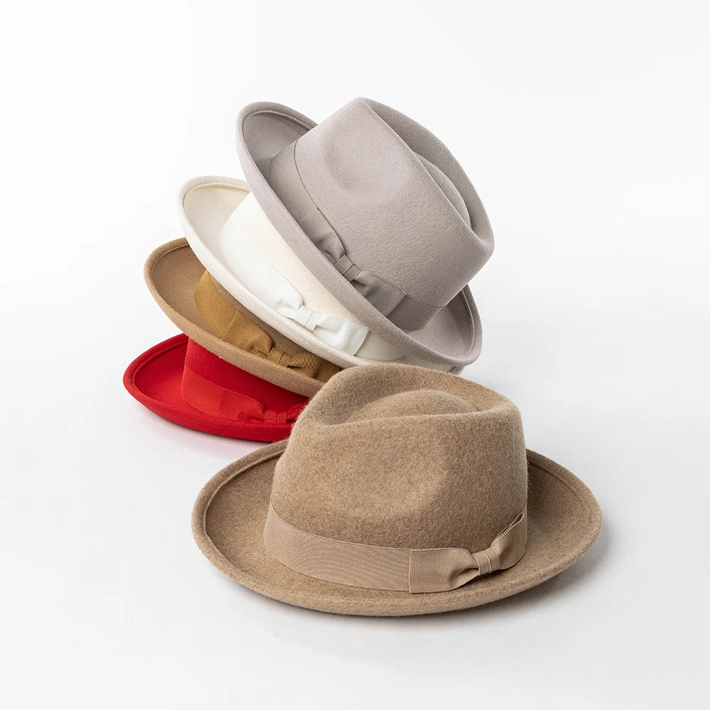 

100% Wool Felt Fedora Hat with Ribbon Bowknot Short Brim