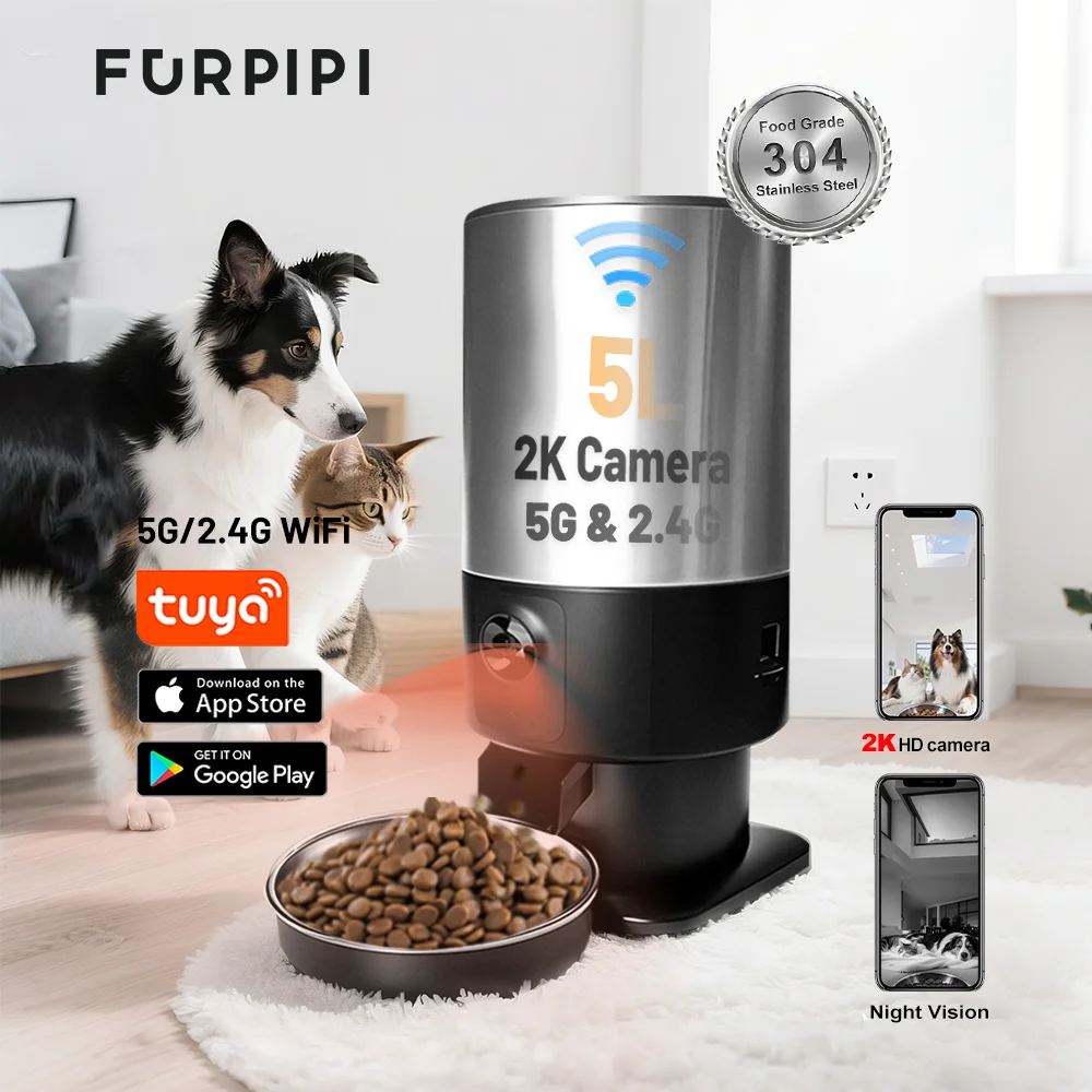 Furpipi 5L Smart Automatic Cat Feeders with 1080P HD Camera 5G WiFi Pet Feeder Tuya APP Control Automatic Cat Kibble Dispenser