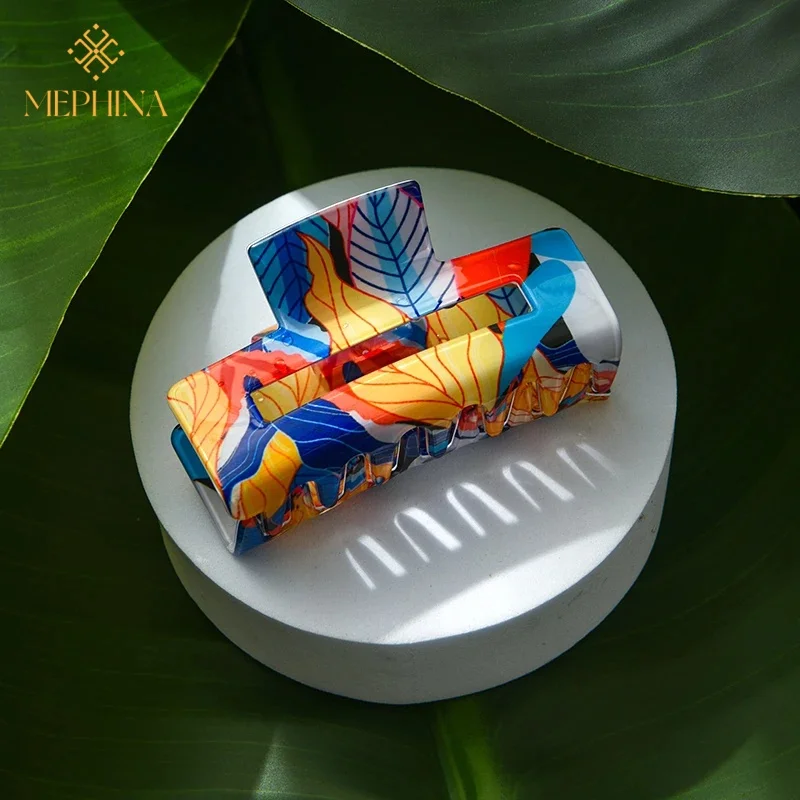 Retro Leaves Tropical Style Ethnic Style Contrast Color Print Plaid Hair Claws Large Hair Accessories For Women