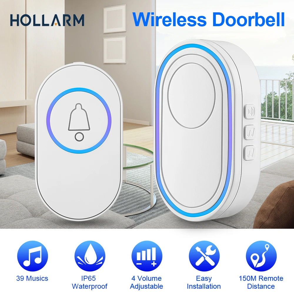 Hollarm 무선 초인종, IP65 방수 LED 조명, 야외 초인종 키트, 150m 원격 스마트 홈 보안 경보, 환영 초인종