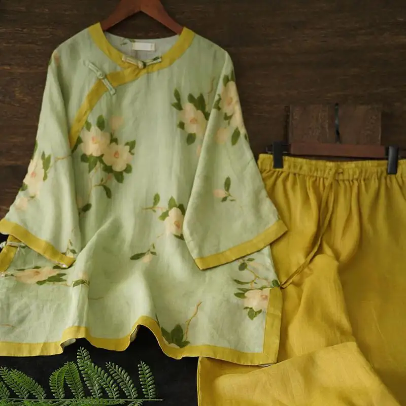 

Весна Лето Arts Style Женская винтажная свободная блузка с принтом рами на пуговицах с эластичной резинкой на талии Желтые широкие брюки Комплекты из двух предметов B247