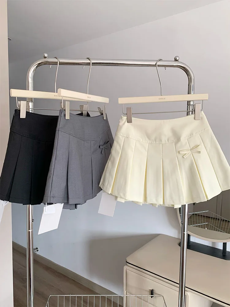 High Quality Bow A-Line Skirt Office Lady Vintage Classical Cozy Solid Pleated Skirt Spring Summer Korean Korean Preppy Style