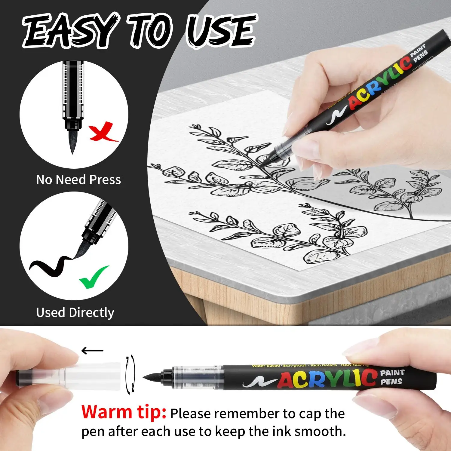 Acrylic Paint Pens, Automatic Ink Control System, Soft Brush Tip Markers, Black and White Paint Markers, Suitable for Canvas, Rocks, Wood, and Stone