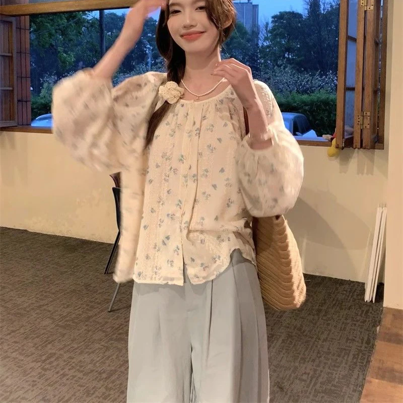 Floral Shirts and Blouses Korea Autumn Fashion Woman Blouse 2024 Button Puff Long Sleeve Top Female Loose Ladies Clothes New In