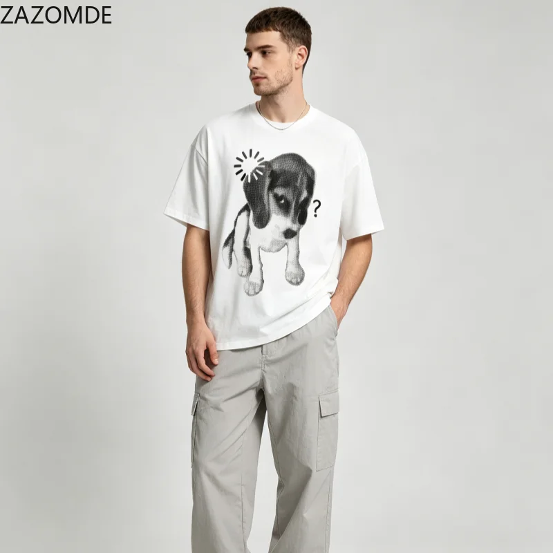 ZAZOMDE  Korean Fashion T-shirt  Halftone Puppy Graphic Design Soft Cotton Loose Casual Round Neck Oversized Short Sleeve Tops