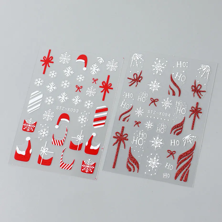 2/3pcs Kerst Rode Glitter Nail Charms Folies 3D Boog Franse Letters Nail Stickers Cartoon Elanden Kerstman Sneeuwvlok ster Decals Decor