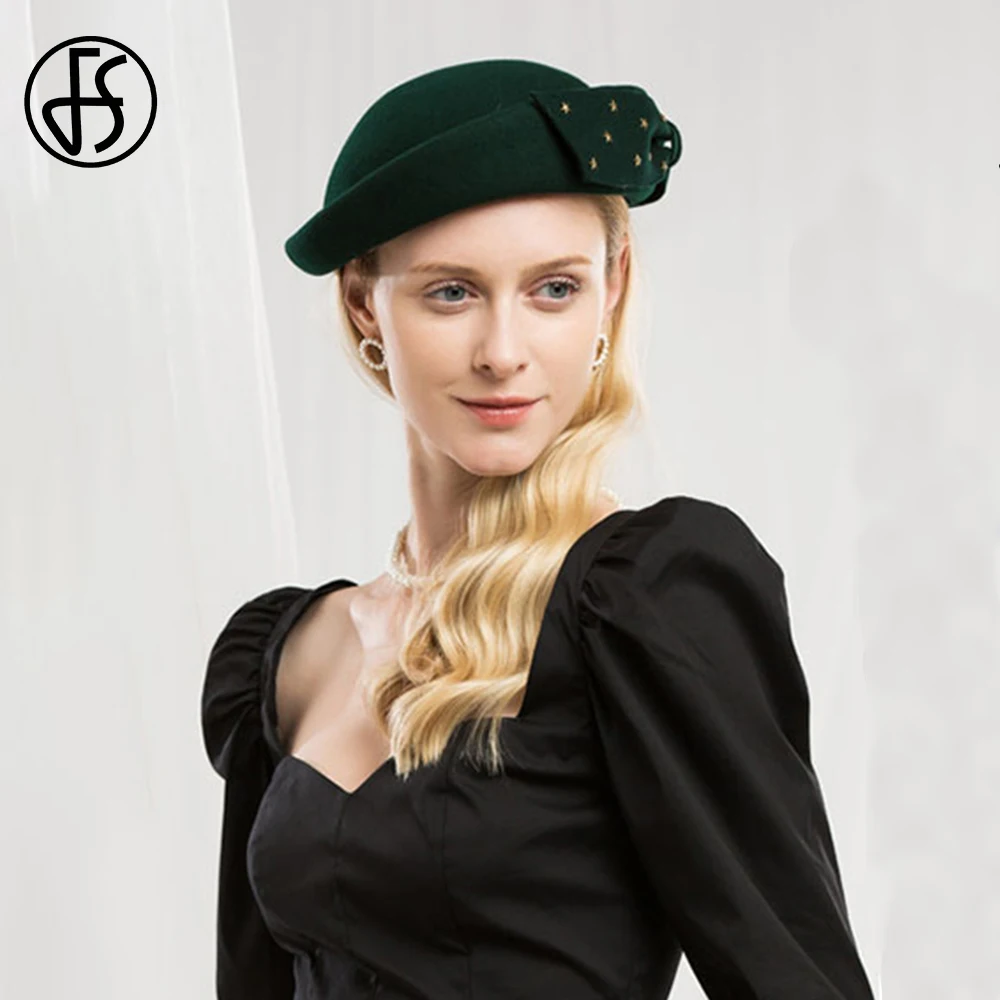 FS Women Beret Blackish Green Bud Cap France 100% Wool Felt Winter Hat Elegant Lady Church Party Black Fedoras Back To School