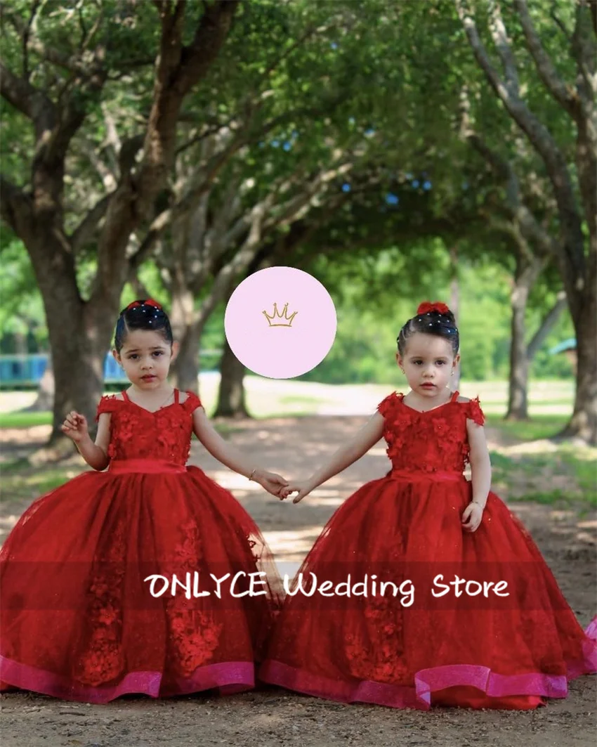 

Red Flower Girl Dress Luxury For Wedding Baby Princess Ball Dresses Floral Appliques Off Shoulder First Communion Gown Customize