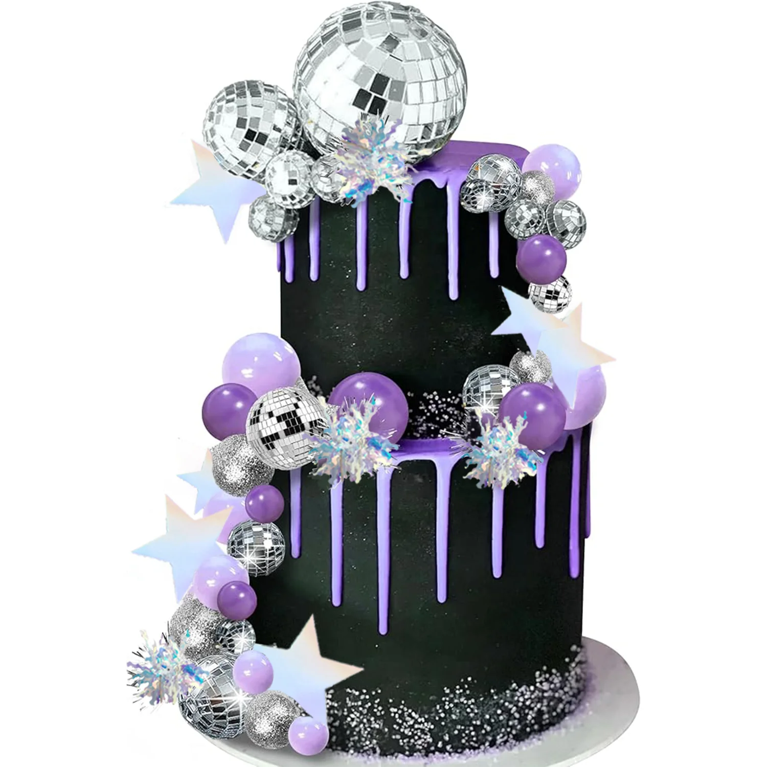 Bola de discoteca púrpura, bolas de espejo, decoraciones para pasteles con estrellas plateadas, adorno para pastel para fiesta de baile disco, suministros de noche de sábado