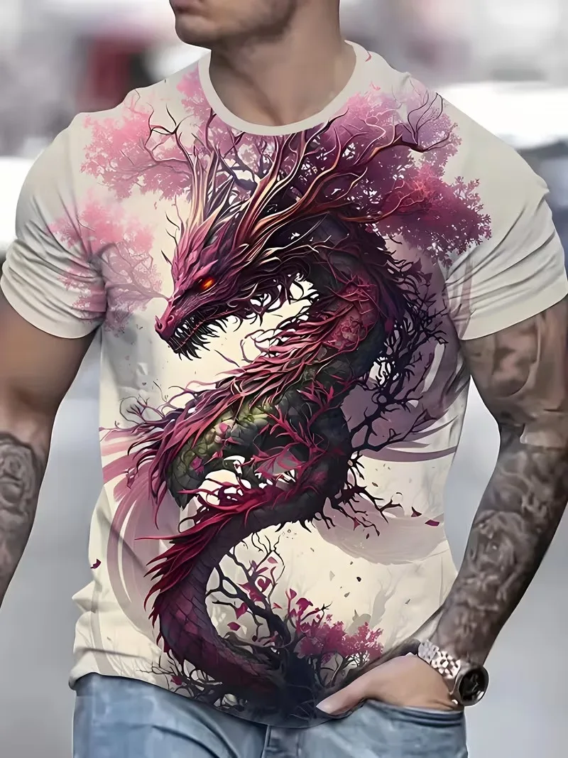 Men's China-Chic Shenlong Print Short Sleeve T-shirt Summer Street Fashion Sports Fitness Street Men's Fashion Short Sleeve Tops