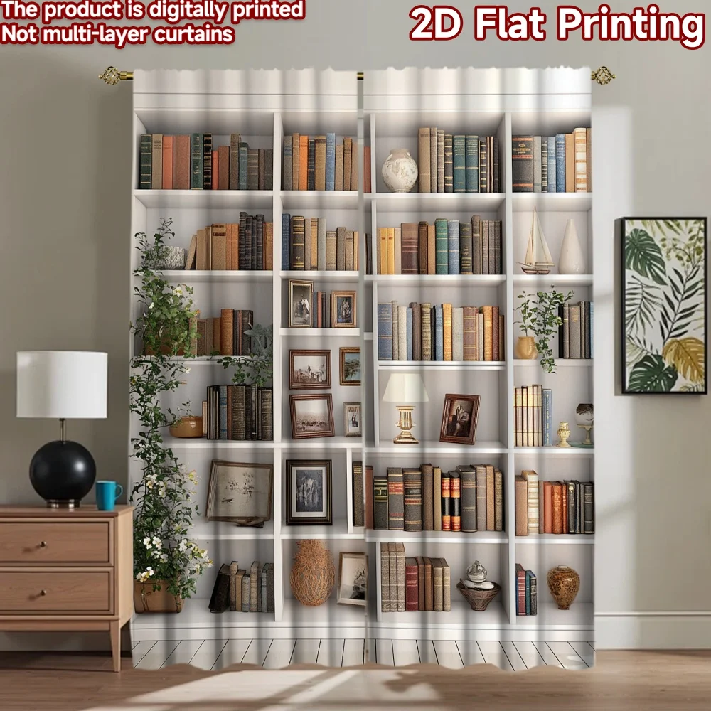 2D flat 2pcs Curtain Home Short Curtains Vintage Bookshelf Durable polyester fiber Family Party Decoration for All Season