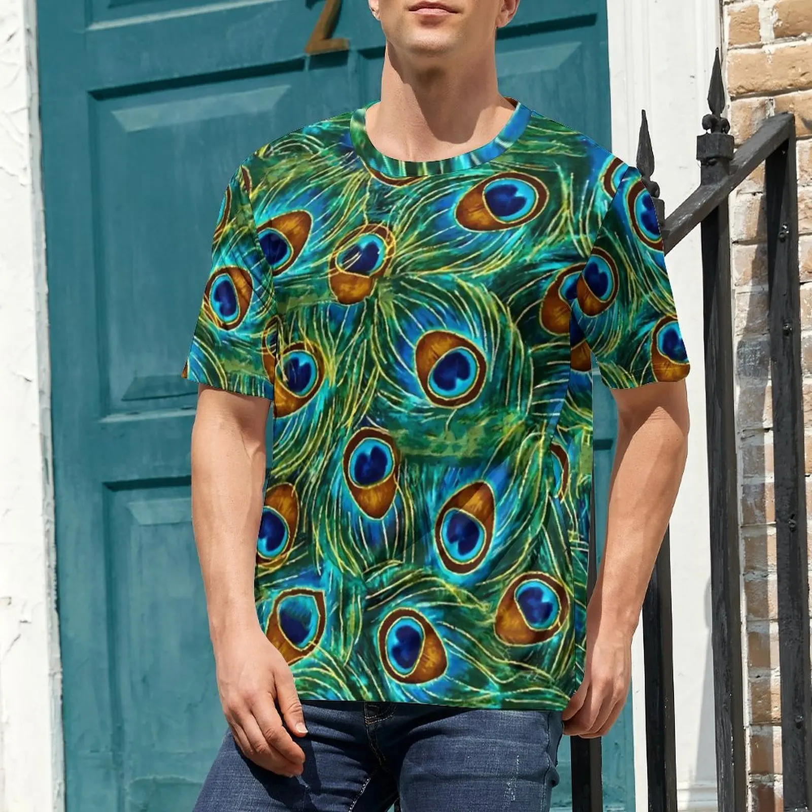 Original T-Shirt Peacock Feather T Shirts Colorful Print Harajuku Tee Shirt For Male Short-Sleeved Graphic Oversized Clothes