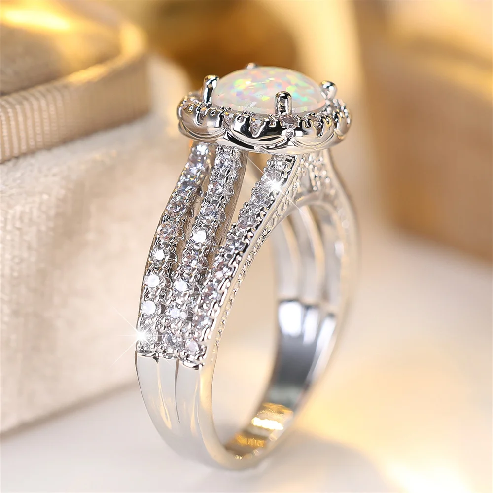 خواتم خطوبة من حجر العقيق الأبيض المستدير للنساء ، لون فضي عتيق ، خواتم زفاف كريستال فاخرة ، هدية مجوهرات من جوهرة المولد