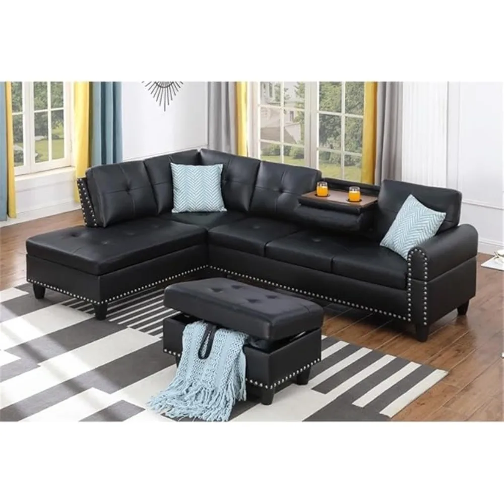 Faux Leather Sectional Sofa, 2 Cup Holders 2 Throw Pillows,CouchConvertible Sectional Sofa with Storage Ottoman Living Room Sofa