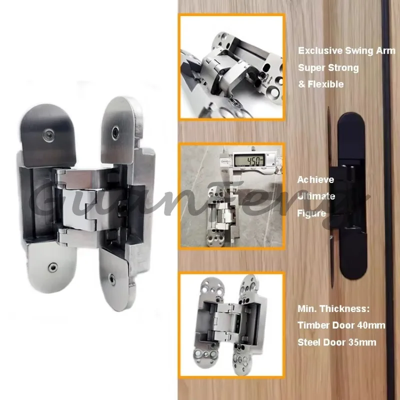 Black 3D Adjustable Concealed Door Hinge, Euro‑Style Heavy‑Duty Hidden Invisible Hinge for Wooden Interior Door Assembly