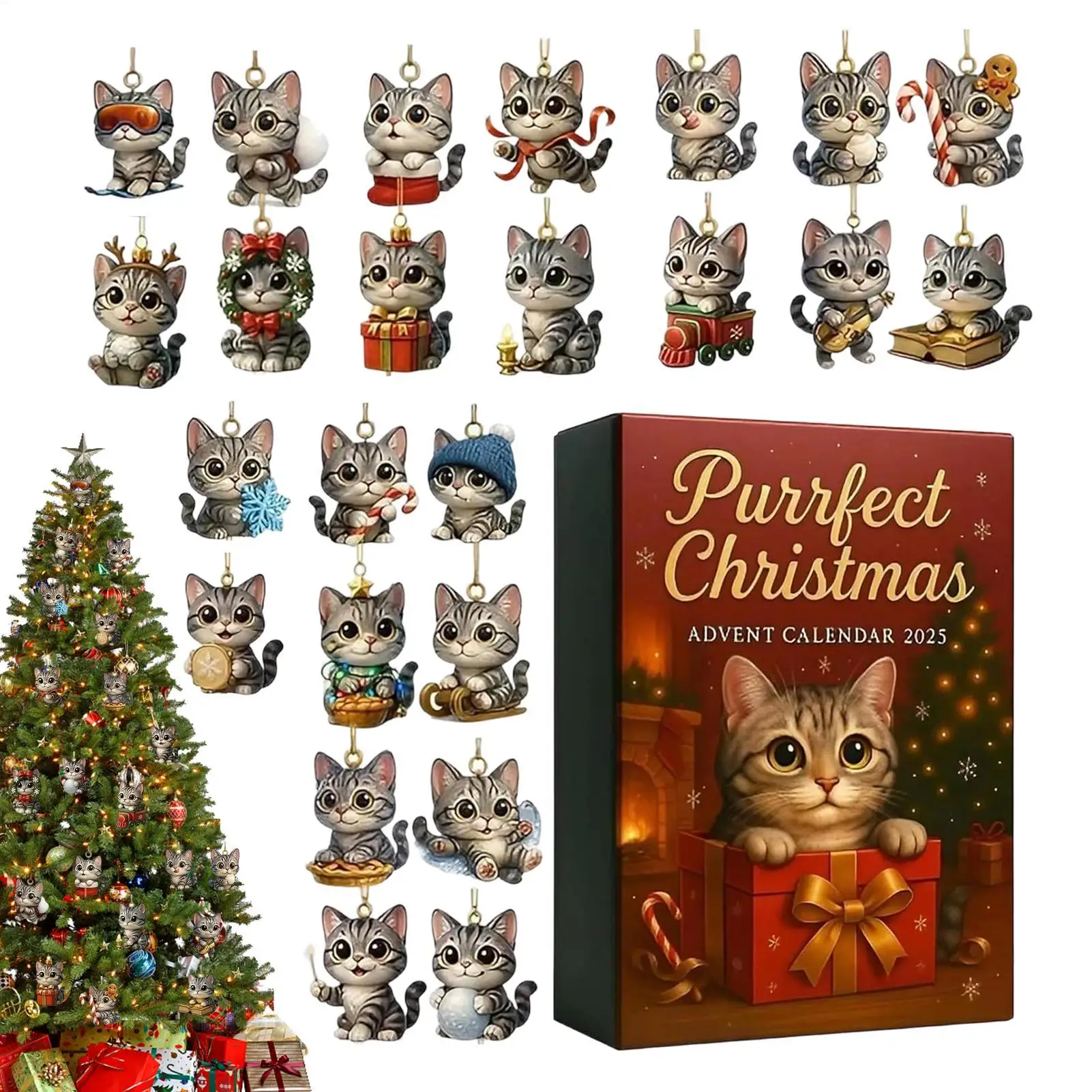 2d-猫アドベントカレンダー-猫ペンダントオーナメント-24日間クリスマスカウントダウンカレンダー-クリスマスツリーハンギングペンダント-クリスマスギフト