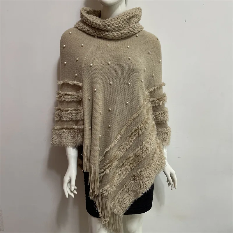 

European American Autumn Winter New Jacquard Pearl Women Wear Warm High Collar Lady Shawl Cloak Fashion Khaki