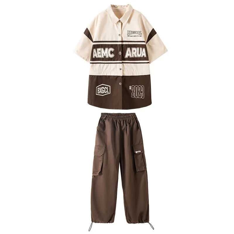 Kids Hip Hop Clothing Short Sleeve Shirt Jacket Top Brown Cargo Pants for Girl Boy Jazz Dance Costume Teenager Street Wear 8 10Y