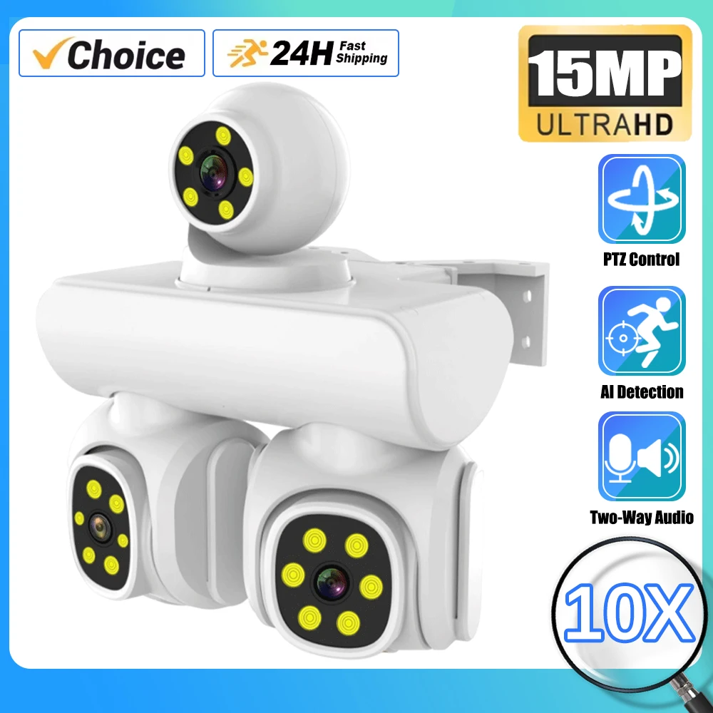 

15MP Outdoor 360° PTZ IP Wireless Camera ICam365 Monitor WiFi Three Lens Three Screen CCTV Network Security Surveillance Camera
