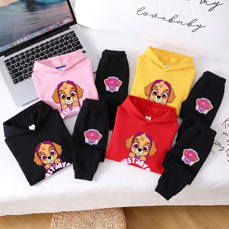 PAW Patrol Girls' Casual Pullover Long Pants Two Piece Sets Cartoon Printed Kids Hoodies Set Children's Breathable Sweatsuit