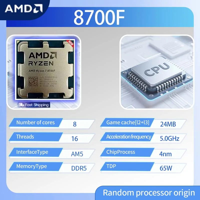 Процессор AMD Ryzen 7 8700F R7 8700F, 8-ядерный, 16 потоков, 5,0 ГГц, 4 нм, DDR5, процессор AM5 TDP 65