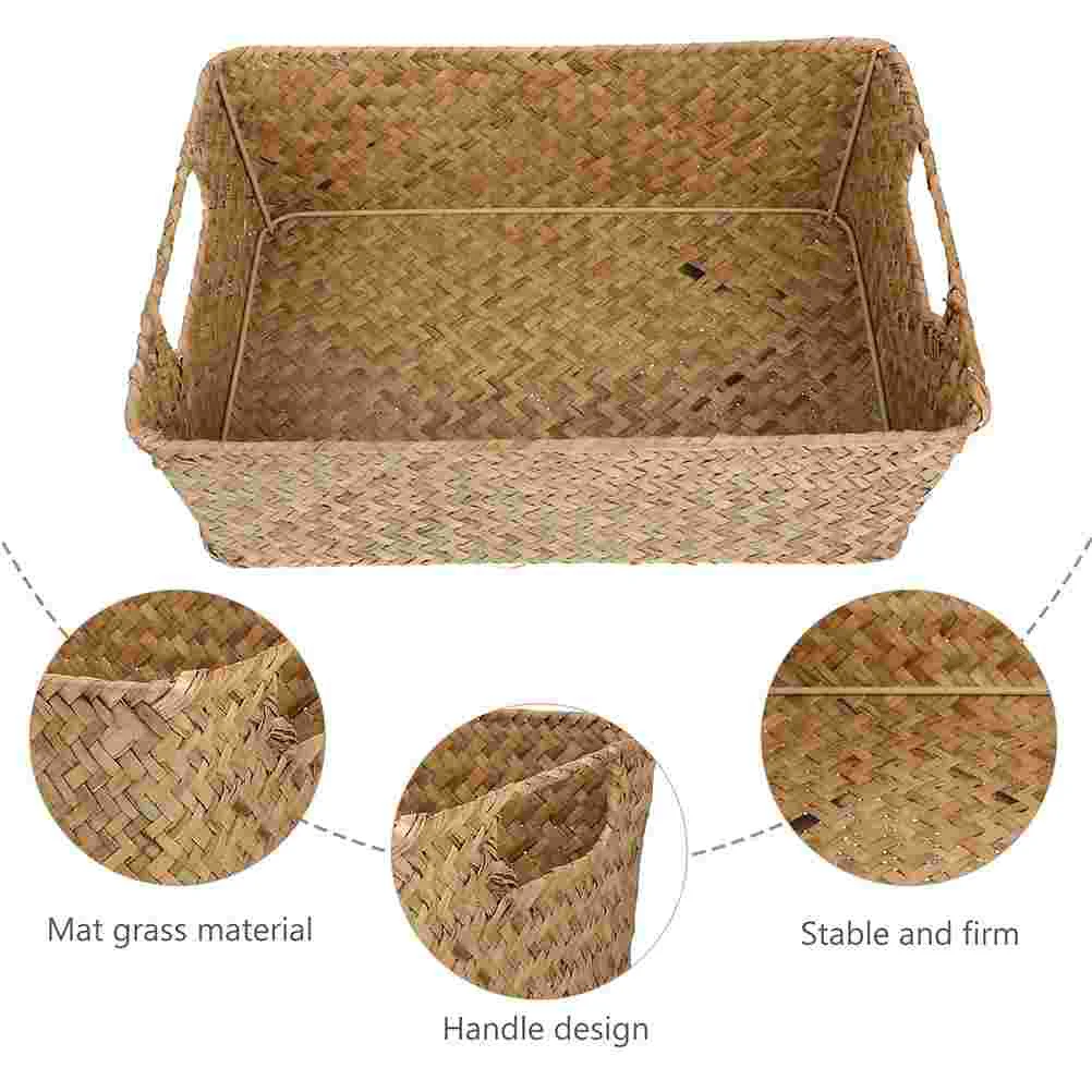 Hemoton Rattan Storage Basket Handle Rectangular Woven Fruit Baskets Wicker Bread Basket Snack Container Laundry Bin Basket