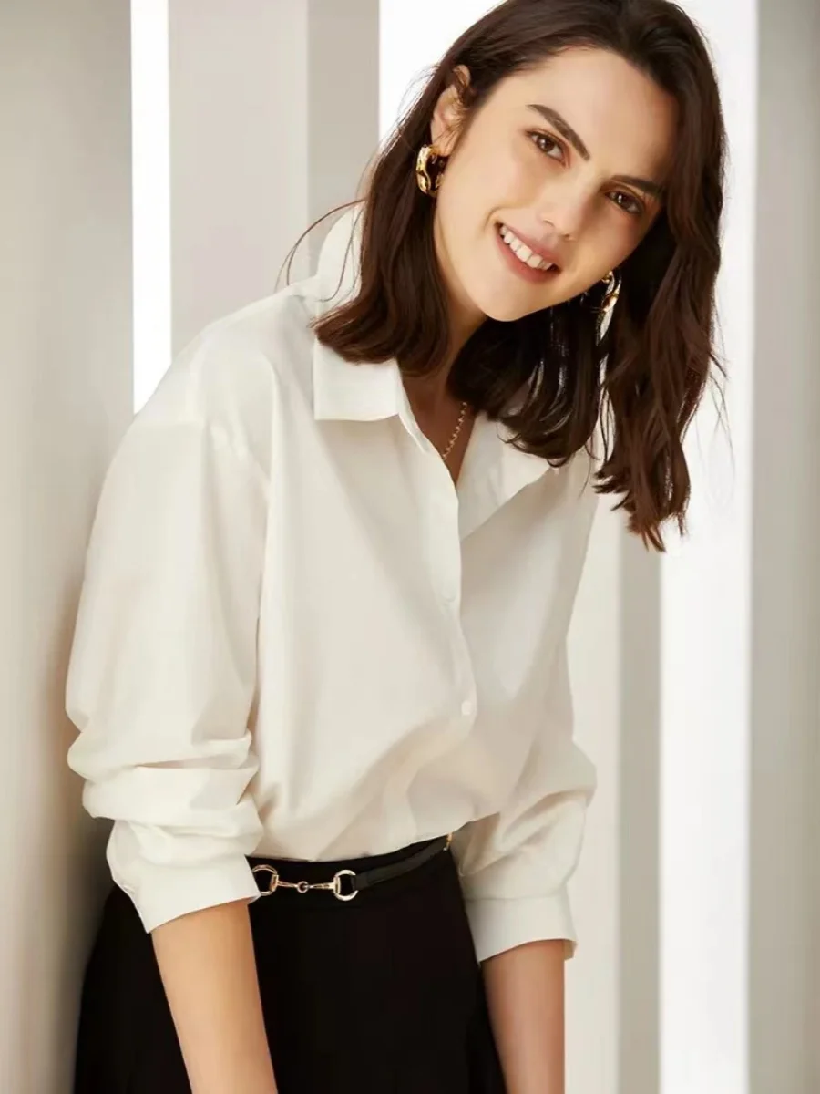 

White Long Sve Women's irt Spring New Design Loose Profional Korean Sle Pure Color Button up Office Commute Faion