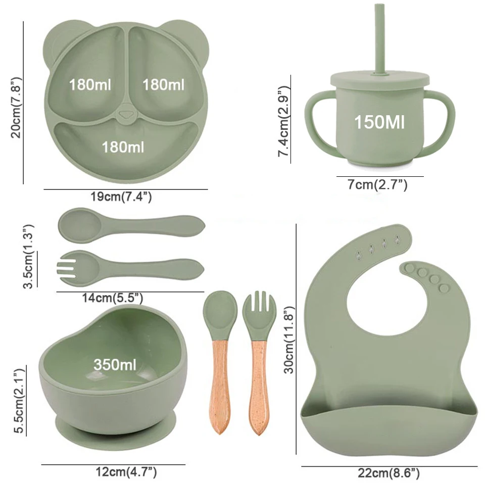 11pcs Silicone Baby Feeding Set with Suction Bowl Toddler Dinning Plate Straw Cup Bibs Spoon Fork Kids Tableware Children Dishes