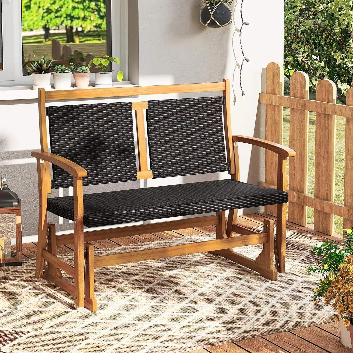 Wooden Outdoor Glider Bench - 2-Person Wicker Rattan Swing Gliding Rocker Chair w/Acacia Wood Armrests, Wicker Back, Customized