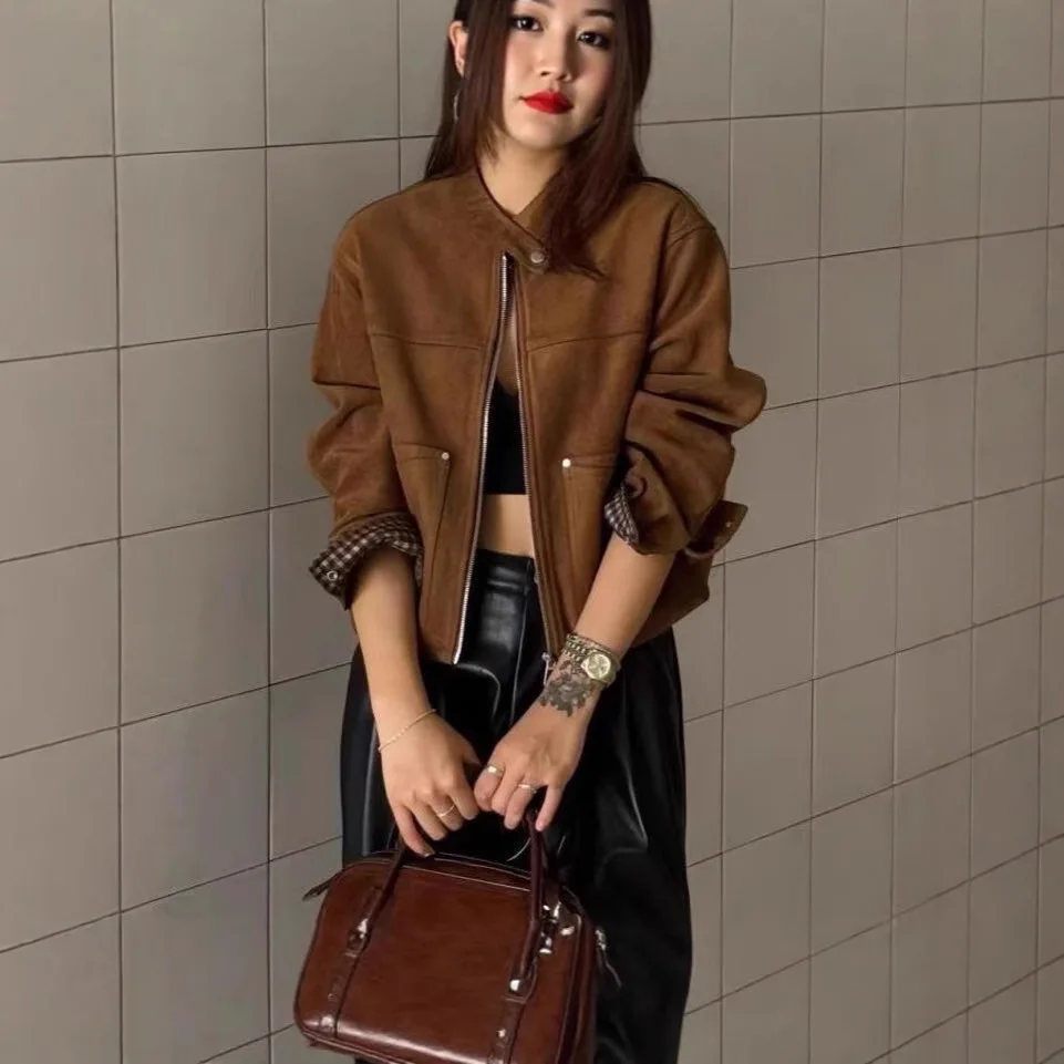 

2025 Women's Autumn New Small Stand Up Collar Short Casual Deer Skin Velvet Jacket Loose Top Jacket Motorcycle Style