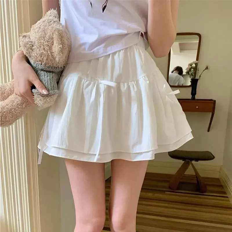 

Hotsweet Korean Bow Layered Mini Skirts Female Clothing Solid Color Spring Summer A-Line Elastic Fashion Folds Cupcake Skirts