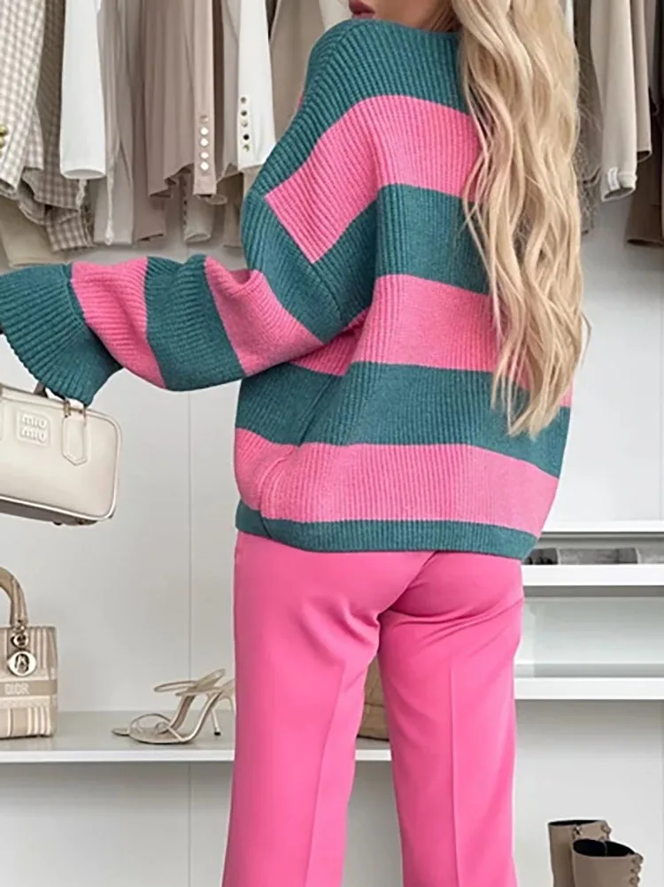 

Vintage Street Wear Loose Knitted Coat Striped Contrasting Printed Long Sleeved Sweater New Winter Warm V-neck Button Cardigan
