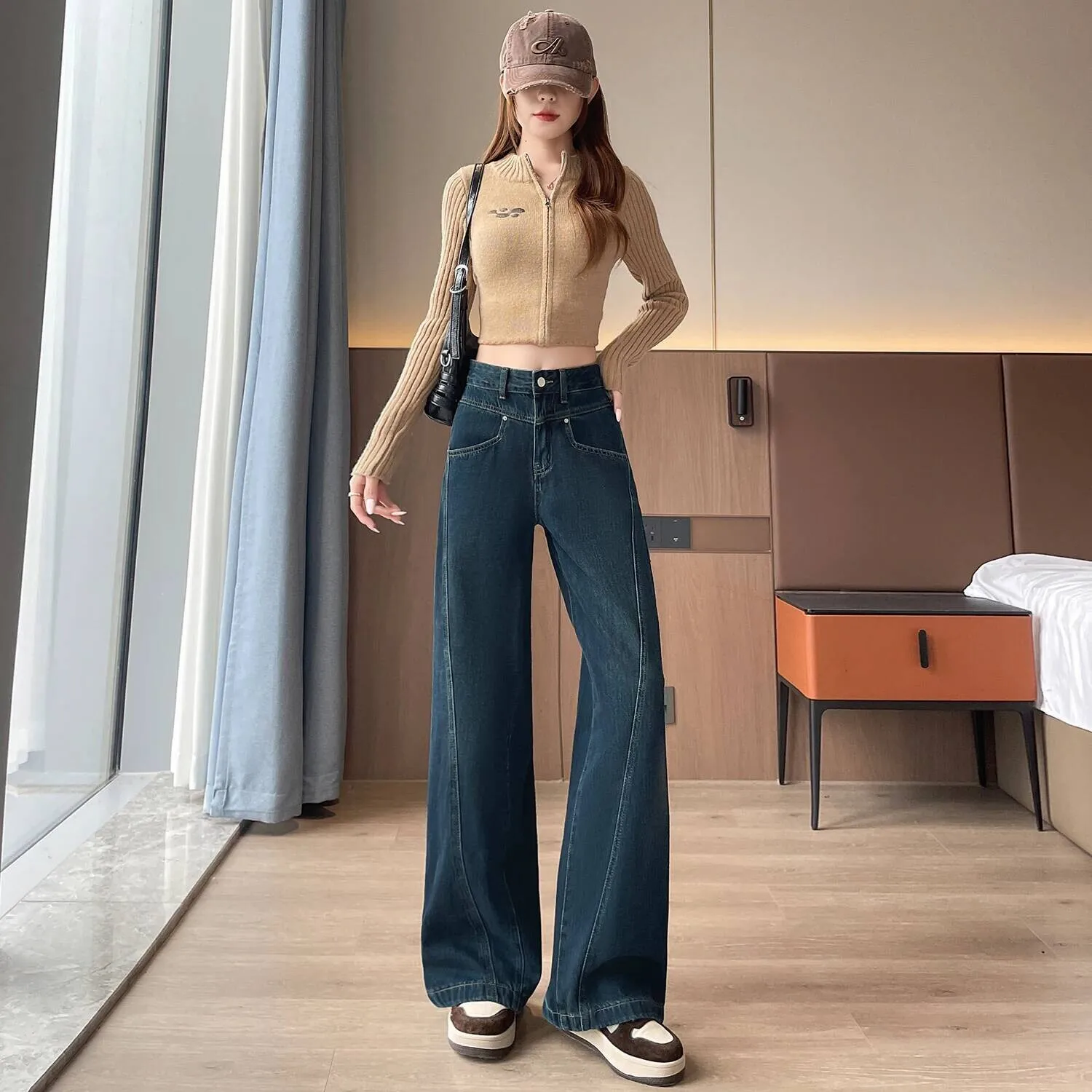 الصوف امرأة الخصر الجينز سيدة الأمريكية شارع العليا السراويل المستقيمة الفتيات أسود رمادي التباين اللون واسعة الساق السراويل