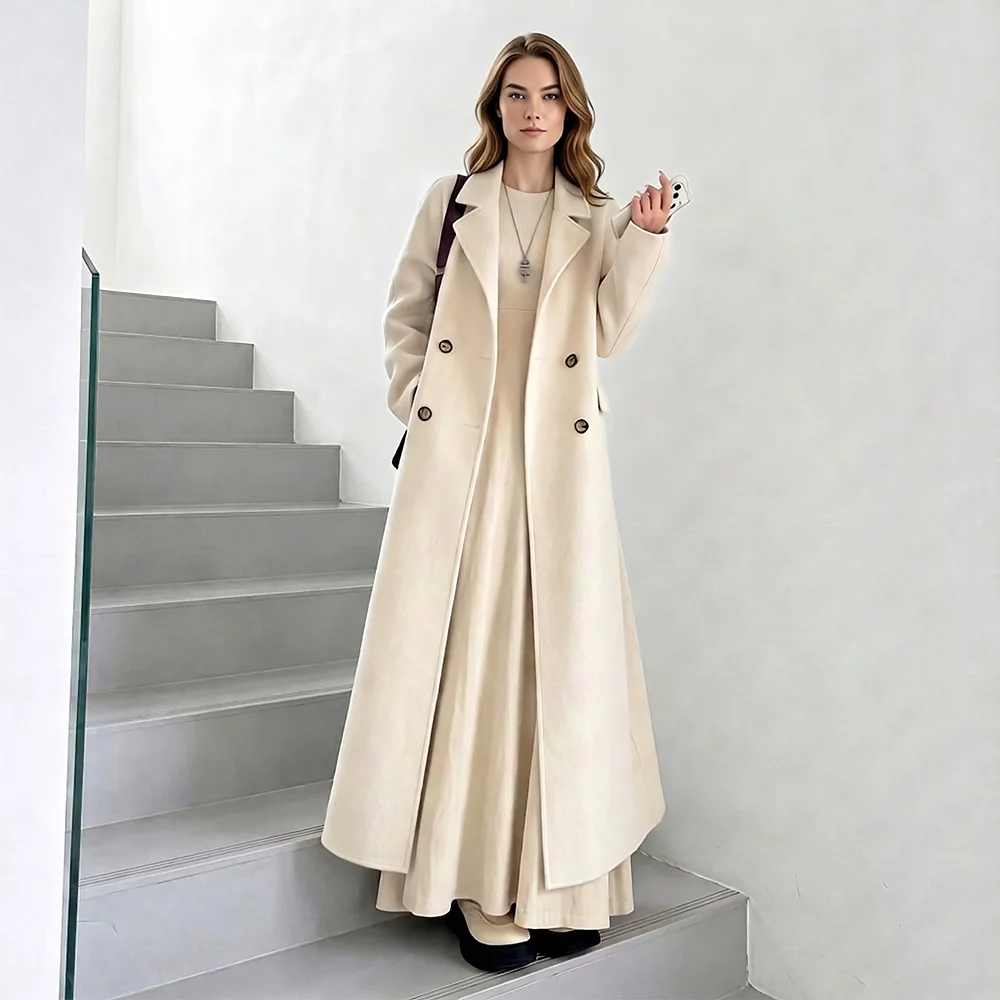 New Women Elegant Wool Blends Coat Autumn Winter Fashion Turn-down Double Breasted Loose Long Woolen Coat Simplicity Daily Coat