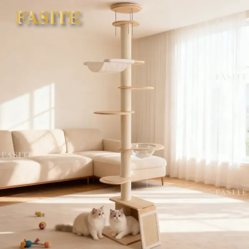 For Cat Climbing Frame Solid Wood Sisal Rope Scratching Post Integrated Cat Tree House Space Saving Furniture Durable