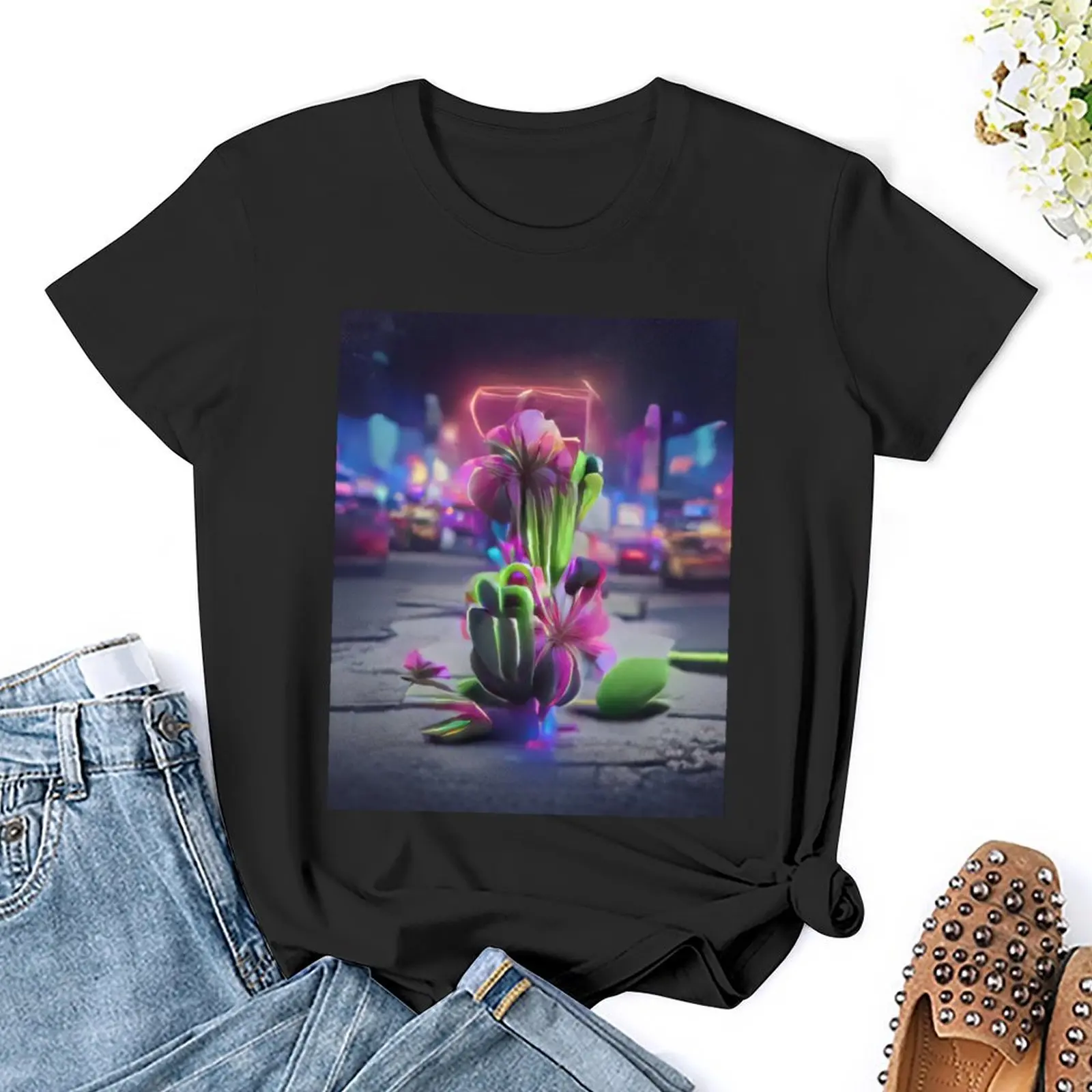 Night City Flowers-Camiseta de arte AI para mujer, camisa con estampado animal de moda coreana, camisetas divertidas para niñas