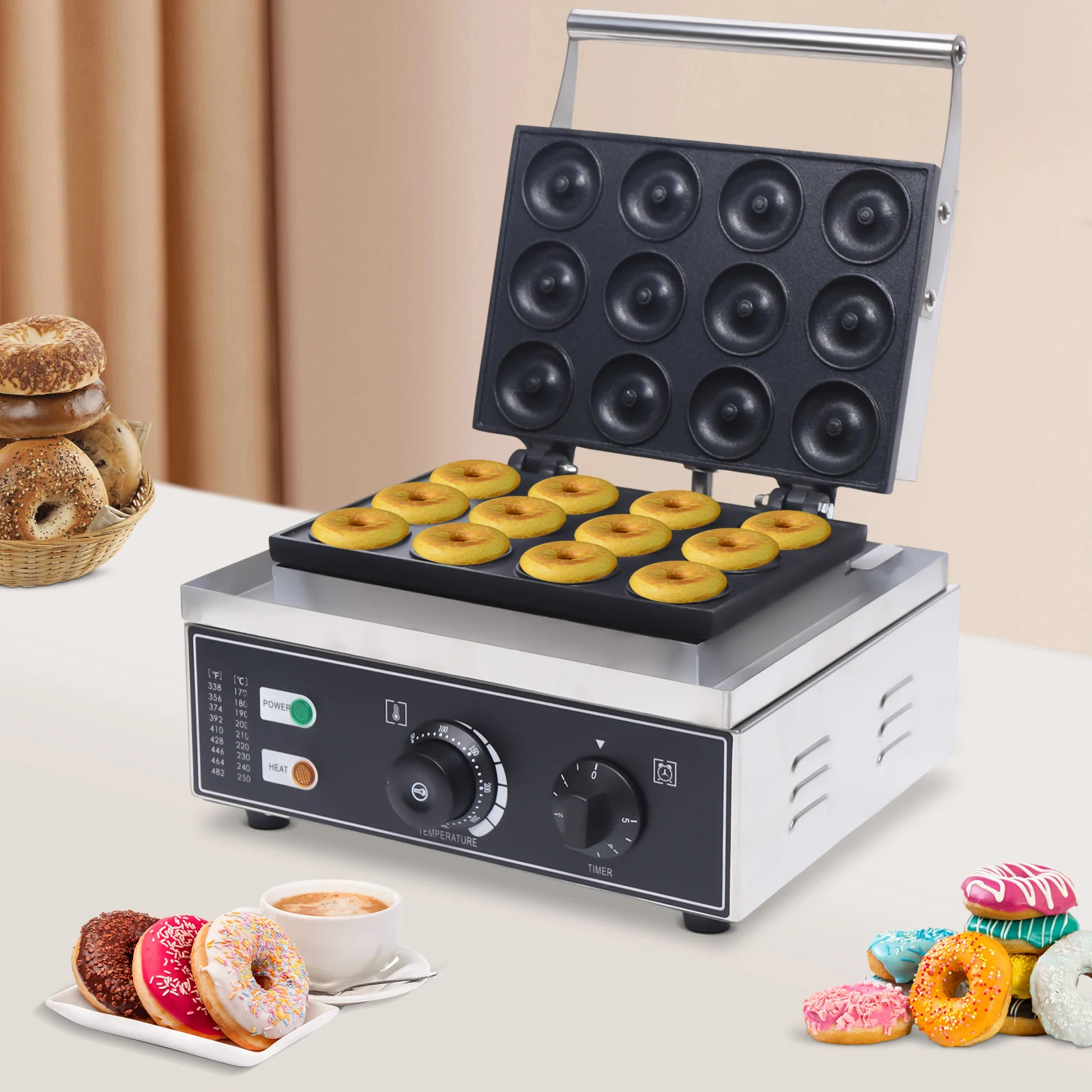 Sweetmile 12-Grid Donut Maker Stainless Steel Doughnut Making Machine W/ Non-Stick Mold, 1-5min Timer, 50-300℃ Temp. Control