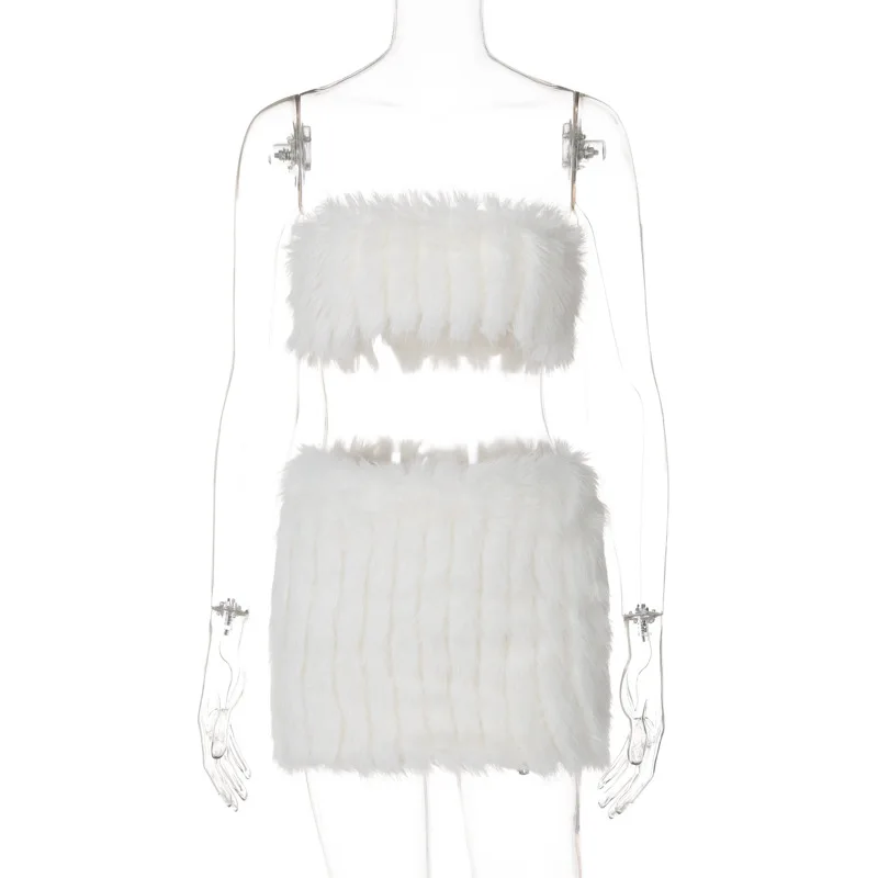 Ribbed Faux Fur Women Sexy Two Piece Set Solid White Strapless Crop Top Bodycon Mini Skirts Party Clubwear Suits Y2K Streetwear