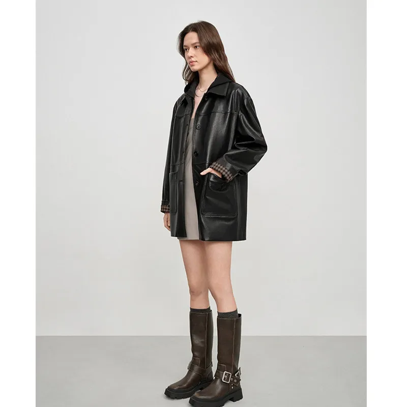 Women's Leather Coat Trench, Plant Tanned, Lapel, Sheepskin Leather Coat,  Mid-Length, Autumn Winter, Leather Coat