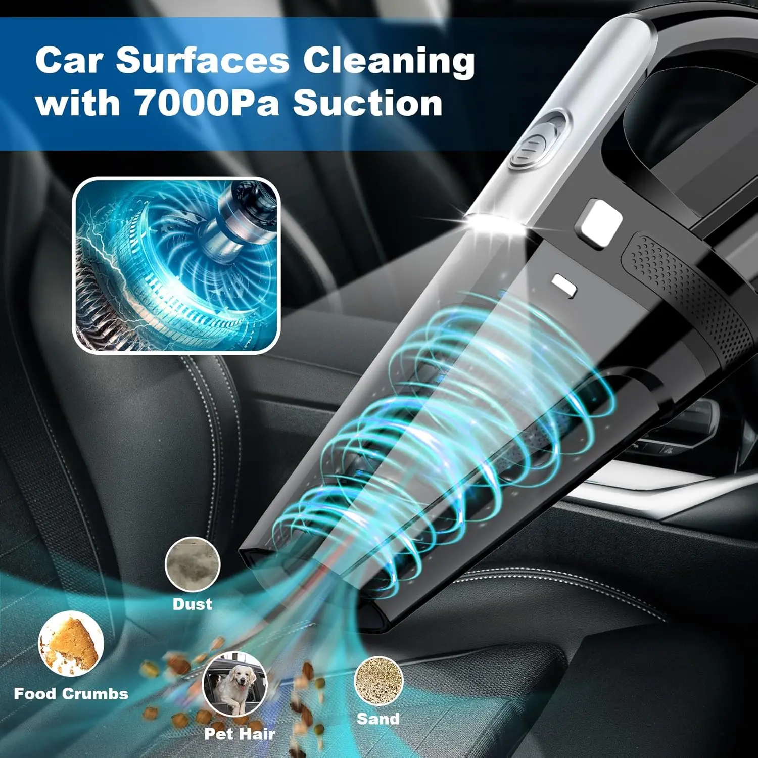 Car Vacuum, Portable Car Vacuum Cleaner with 7000PA Suction, DC 12V High Power 16.4Ft Cord Wired Vacuum Cleaner for Car