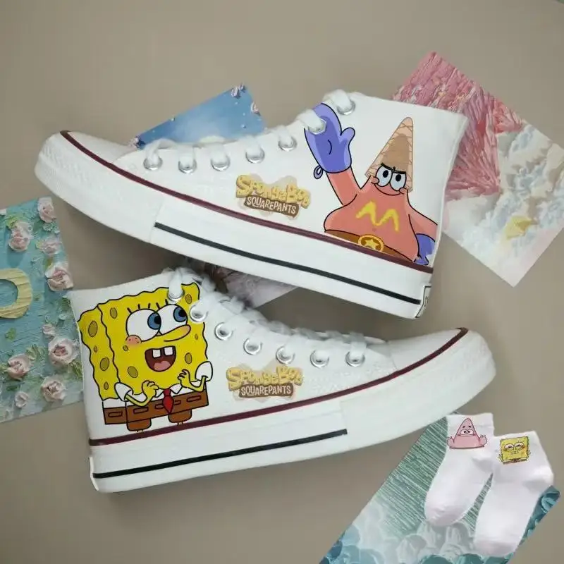 

drop shipping SpongeBob SquarePants 2025 new spring Student Women's Shoes Men's Shoes Couple High Top Canvas Shoes Casual Shoes