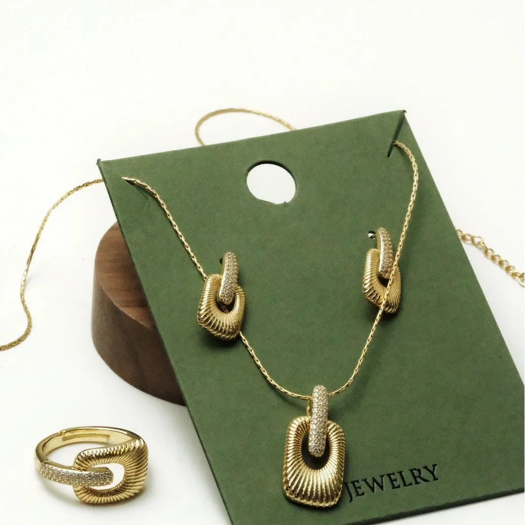 

18K Gold Plated 3Pcs Jewelry Set Waterproof Fade Resistant Zircon Copper Ring Earrings Necklace for Women Daily Wear