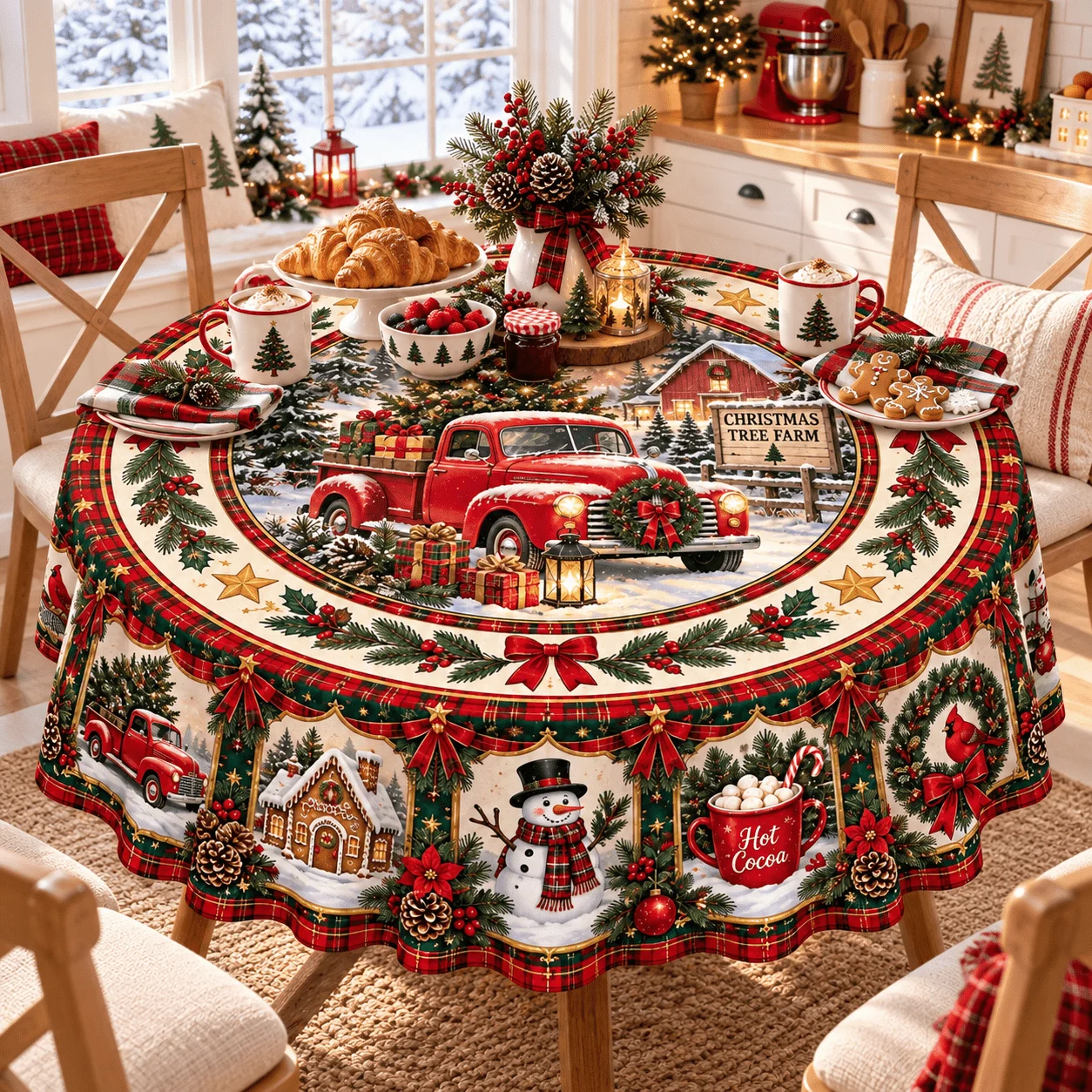 1 piece, retro farmhouse style Christmas tablecloth, round, applicable scene: with red truck, snowman, gingerbread man pattern