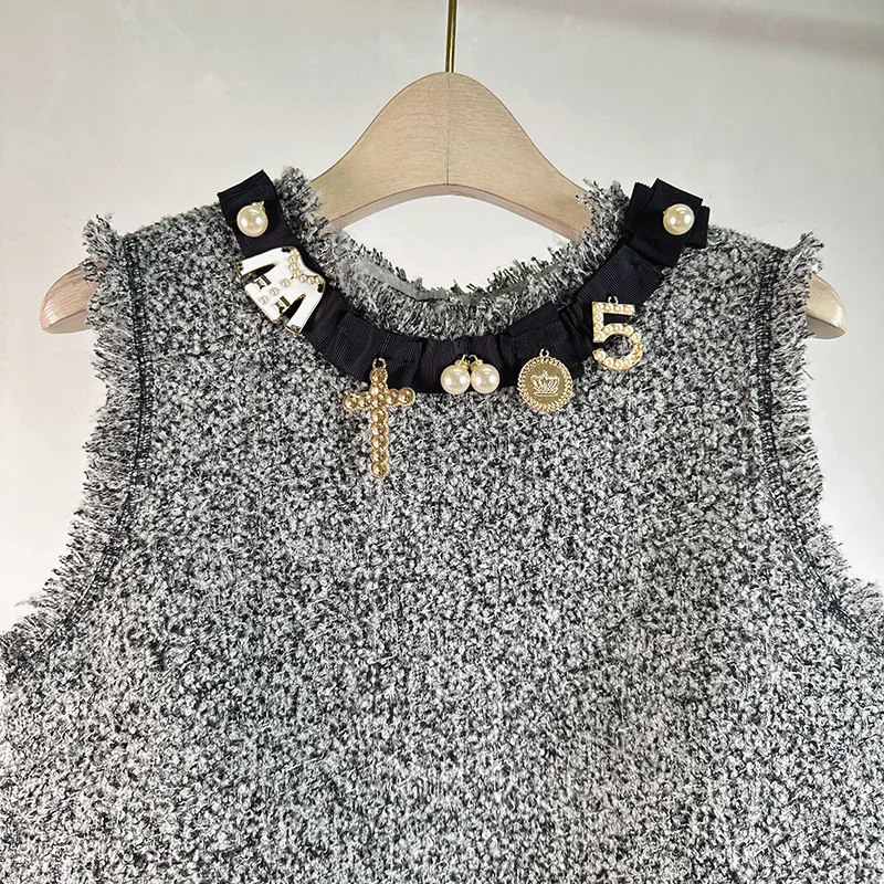 Black Round Neck Tassel Sleeveless Small Fragrance Dress Female Loose A Line Fashion Elegant High Quality Women Vest Tweed Dress
