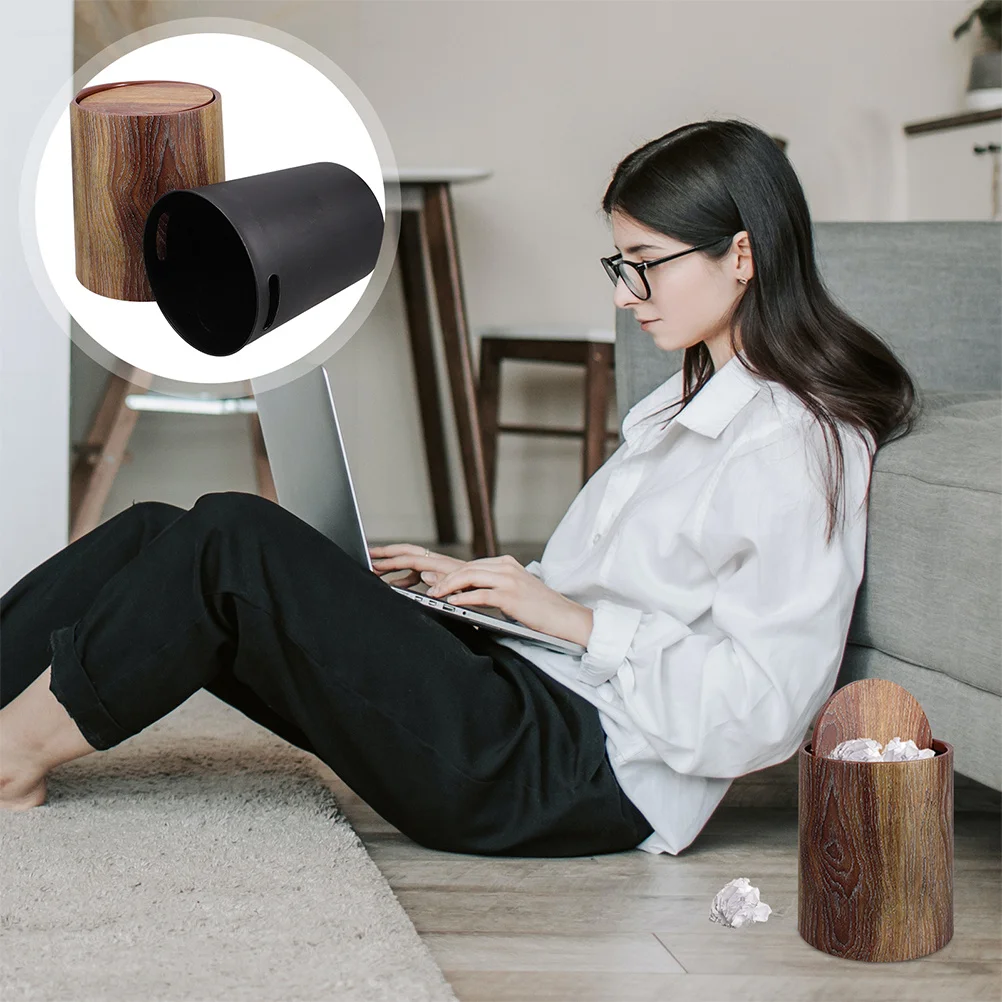 

Imitation Wood Grain Trash Can Swing Lid Wastebasket Modern Simple Elegant Home Office Bedroom Kitchen Reusable