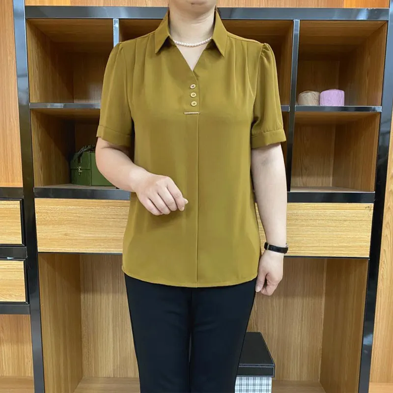 Office Lady Solid Color Shirt Summer Turn-down Collar Women\'s Clothing Short Sleeve Fashion Button Casual All-match Loose Blouse